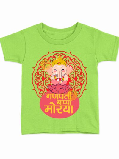 Ganpati Bappa Morya Parrot Green Kids Round Neck Printed T-Shirts