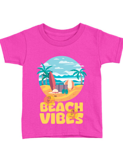 Beach Vibes Pink Kids Round Neck Printed T-Shirts