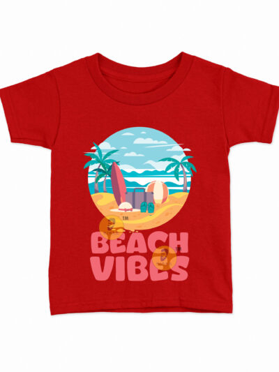 Beach Vibes Red Kids Round Neck Printed T-Shirts