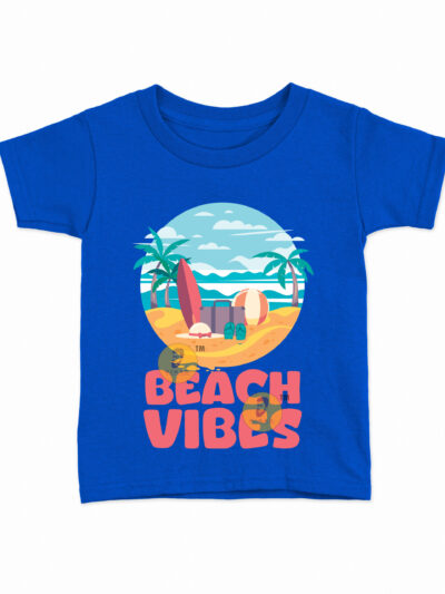 Beach Vibes Royal Blue Kids Round Neck Printed T-Shirts