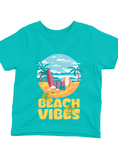 Beach Vibes Teal Kids Round Neck Printed T-Shirts