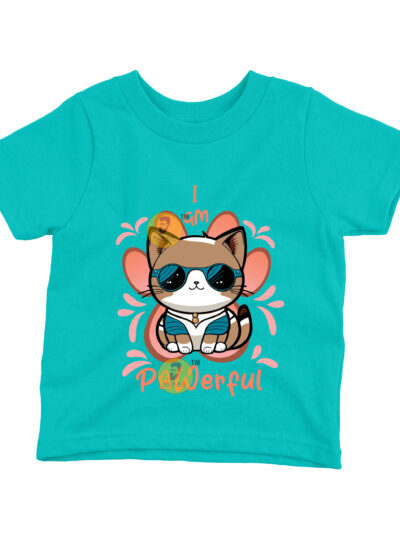 Pawerful Teal Kids Round Neck Printed T-Shirts