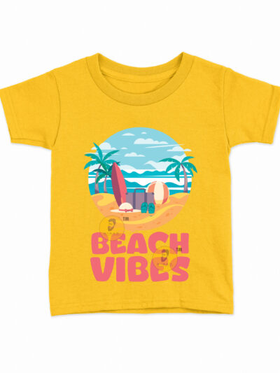 Beach Vibes Yellow Kids Round Neck Printed T-Shirts