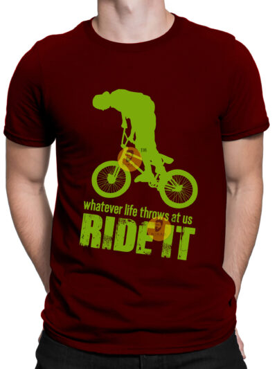 Ride It Maroon Men Round Neck Printed T-Shirts