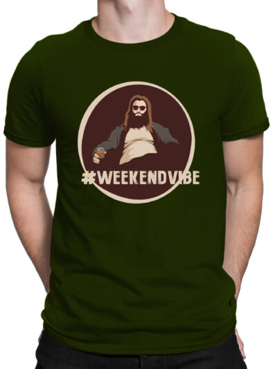 Weekend Vibe Olive Green Men Round Neck Printed T-Shirts