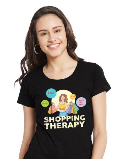 Shopping Therapy Black Women Round Neck Printed Tshirt