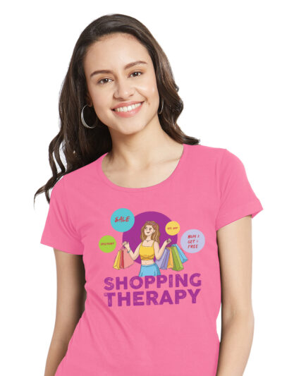 Shopping Therapy Pink Women Round Neck Printed Tshirt