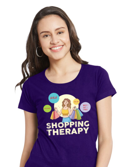 Shopping Therapy Purple Women Round Neck Printed Tshirt