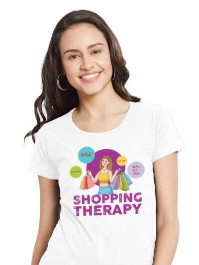 Shopping Therapy White Women Round Neck Printed Tshirt